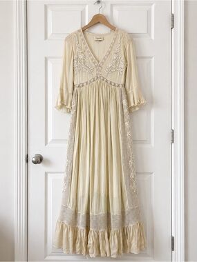 Vintage Cleobella Elegant Cream Embroidered Maxi Dress XS